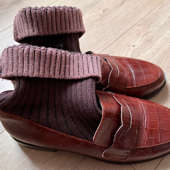 Maroon sock Penny Loafers alligator style leather chunky heel classic slip on - Picture 16 of 16